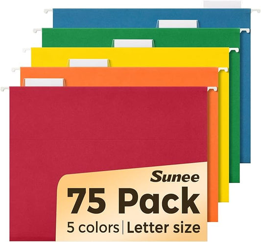 SUNEE Hanging File Folders, Assorted Colors - 75 Pack, Colored File Folders Letter Size with 1/5-Cut Tabs, Ideal for Organizing Home and Office Documents