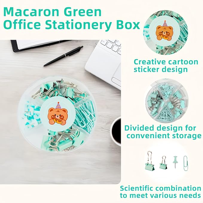 45 Pcs Metal Binder Clips Set with Pushpins,Cute Green Desk Supplies Multi-Size Binder Clips,Glossy Tacks, and Reusable Paper Clips.Portable case for School/Office.Perfect Green Desk Accessory Gift