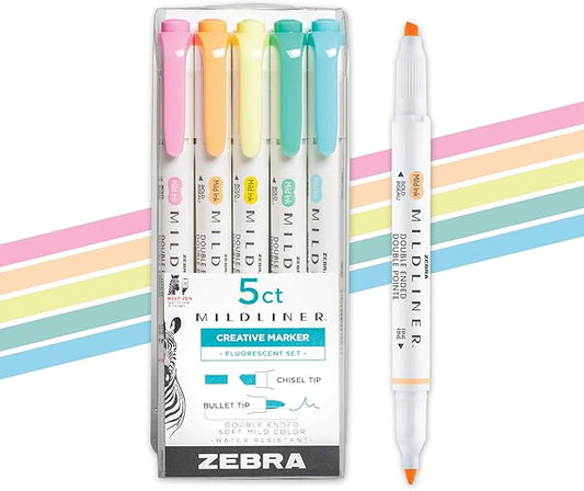 Zebra Pen Mildliner Dual-Tip Highlighter Marker Set, Broad and Fine Point Tips, No Bleed, Ideal for Bible Highlighting, Journaling and Note-Taking, Assorted Fluorescent Ink Colors, 5-Pack (78105)