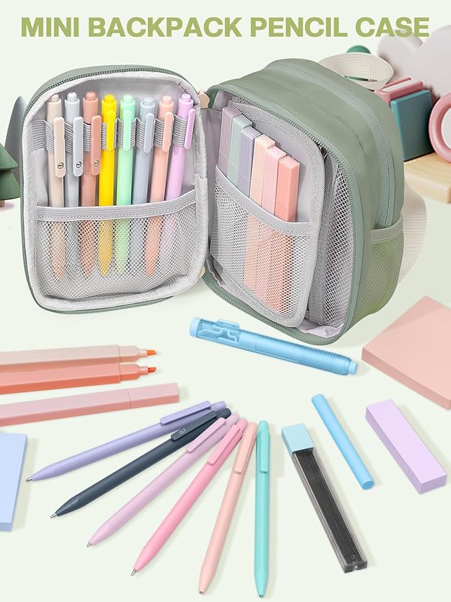 51 PCS Aesthetic School Supplies with Cute Pencil Case, 12 Pastel Highlighters, 8 Quick Dry Retractable Black Ink Pens, 6 Pastel Mechanical Pencil Student Stationary Bible Study Supplies(Beige Green)