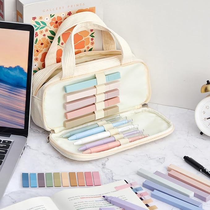Jutom 39 Pcs Aesthetic Book Annotation Kit Highlighter with Pencil Case Bag Gel Pen Transparent Sticky Note Taking Bible Study College School Supplies(White,Classic Style)