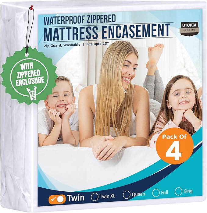 Utopia Bedding Mattress Protector Zippered Twin Size (Pack of 4), 100% Waterproof Bed Bug and Dust Mite Proof Mattress Encasement, Absorbent 6 Sided Mattress Cover