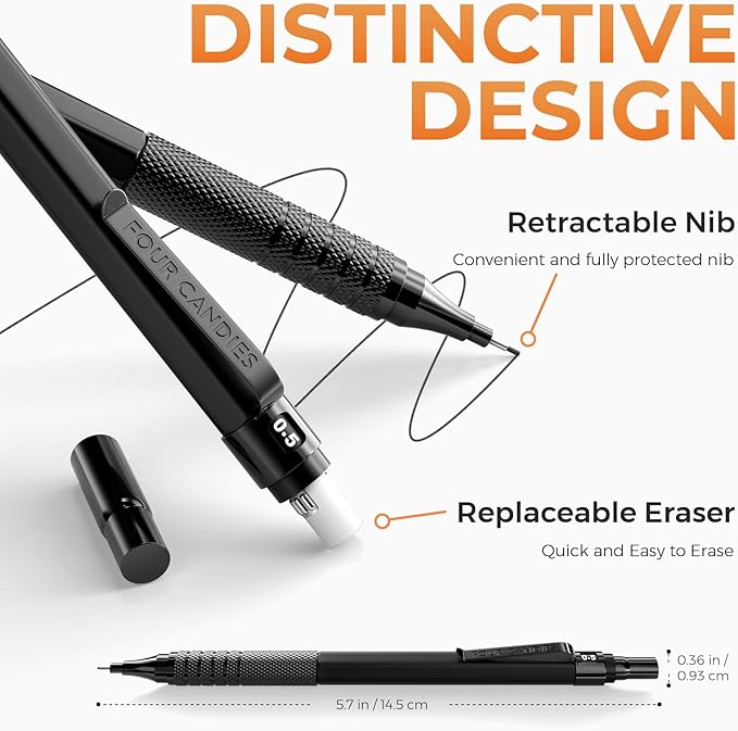 Four Candies Metal Mechanical Pencil Set, 3PCS Art Drafting Pencils 0.5, 0.7, 0.9MM & 2PCS 2MM Mechanical Drawing Pencils with 420PCS Leads (4B 2B HB 2H Color) for Writing Sketching Drawing (Black)