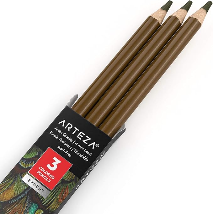 ARTEZA Colored Pencils, Pack of 3, А302 Raw Umber, Soft Wax-Based Cores, Ideal for Drawing, Sketching, Shading & Coloring