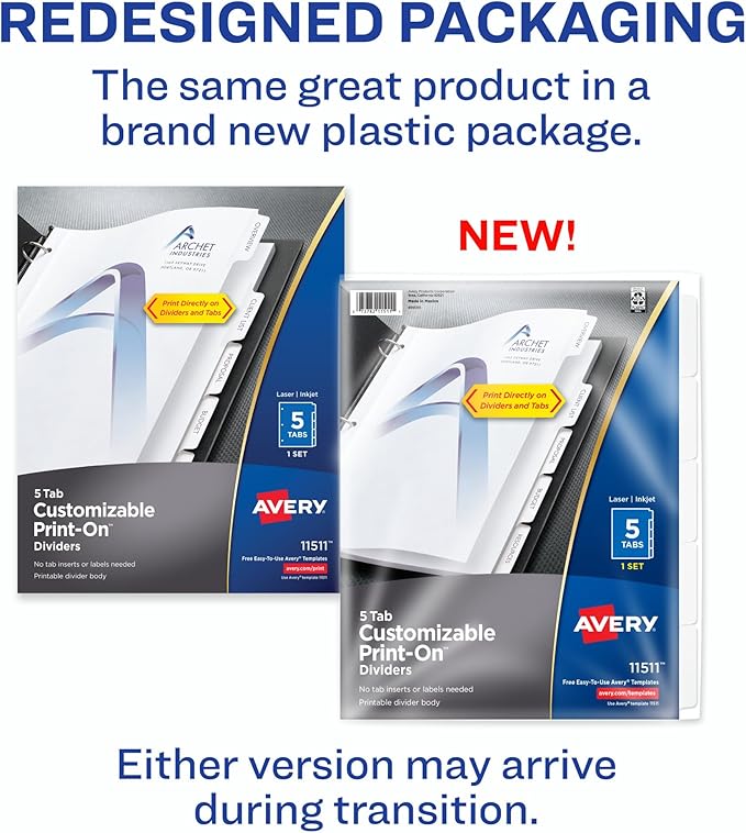Avery Customizable Print-On Dividers for 3 Ring Binders, 5-Tab Set (11511)