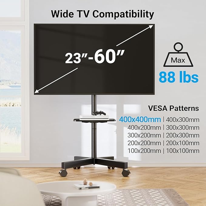 PERLESMITH Rolling TV Stand, Mobile TV Stand for 23-60 Inch LCD LED TVs, Tilt TV Stand Wheels Holds up to 88Lbs, Portable TV Stand for Bedroom with Shelf, Outdoor TV Stand Max VESA 400x400mm PSTVMC06