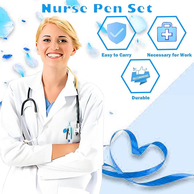 Nurse Pen Set, Badge Reel Pen Include Highlighter, Permanent Marker, LED Keychain Flashlight, Ballpoint Pen, and Nursing Keychain Clip (Blue)