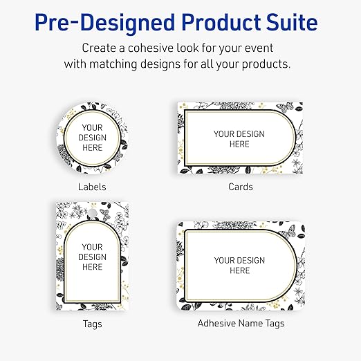 Avery Printable Adhesive Name Badges, 2-1/3" x 3-3/8", Pre-Printed Arched Gold & Black Florals Design, Matte White, Laser & Inkjet Compatible, 80 Total