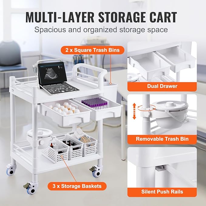 VEVOR Medical Mobile Trolley Cart with 2 Drawers & 3 Trash Cans, 2 Tiers Beauty Salon Rolling Trolley with 4 Silent Wheels & 2 Dirts Bucket & Bowl, Medical Utility Cart for Hospital Dental Clinic Lab