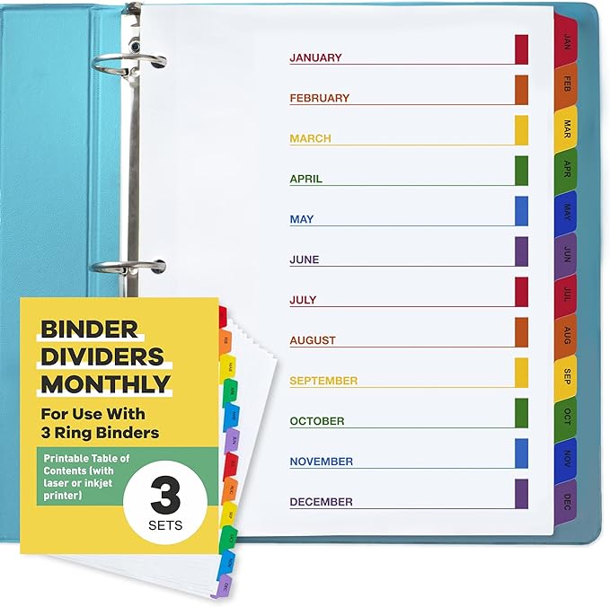Monthly Dividers for 3 Ring Binder - (Set of 3), 8.5 x 11" Letter Size, Writable A-Z Tabs - Ideal for Organizing Paper at Work, School, or Home