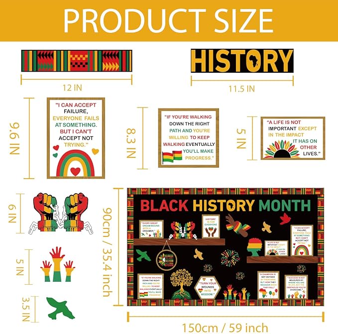 Black History Month Bookshelf Bulletin Board Decorations Set Black Inspirational Cutouts with Bulletin Border African American Motivational Classroom Decorations for Chalkboard Wall Door Home Office