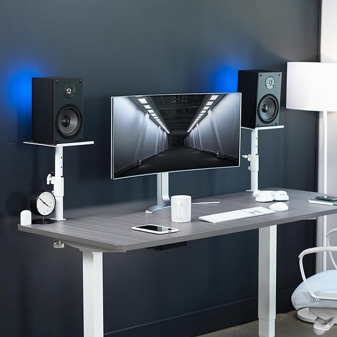 VIVO Clamp-on Speaker Stand Desk Mount Set, 10 x 9 inch Trays, Height Adjustment and Tilt, Universal Audio Holders for Computer and Bookshelf Speakers, Elevated Sound, 2 Pack, White, MOUNT-SP01CW