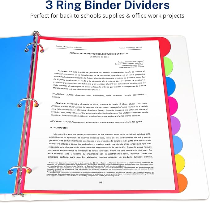 Dividers for 3 Ring Binder, 8-Tabs Dividers Bulk 96 Pcs 12 Set Plastic Binder Dividers with Tabs, 3 Hole Punched Dividers Letter Size for School Office, 8 Assorted Bright Rainbow Colors