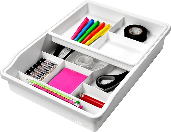 madesmart 24-Compartment Junk Drawer Organizer with Sliding Top Tray, Multi-Purpose Storage for Kitchen, Office & Bathroom Drawers, White