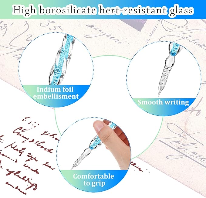 Zonon 6 Pieces Handmade Glass Dip, Crystal Glass Signature Calligraphy Vintage Dip Ink Pen Borosilicate Present Pen for Writing Drawing Decoration(Classic Color,Elegant Style)