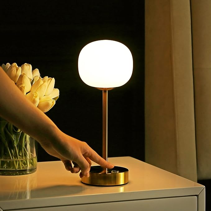 JONATHAN Y 12.25" Brass Gold/White Rechargeable Table Lamp, Modern Cordless LED Nightstand Lamp, White Glass Shade, Dimmable Portable Desk Lamp for Bedroom Living Room Dining (JYL7108C)
