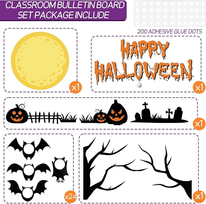 Happy Halloween Bulletin Board for Classroom Decoration Bat Pumpkin Tree Bulletin Board Set Bat Cutouts with October Halloween Cemetery Scene for School Classroom Chalkboard Wall Decor
