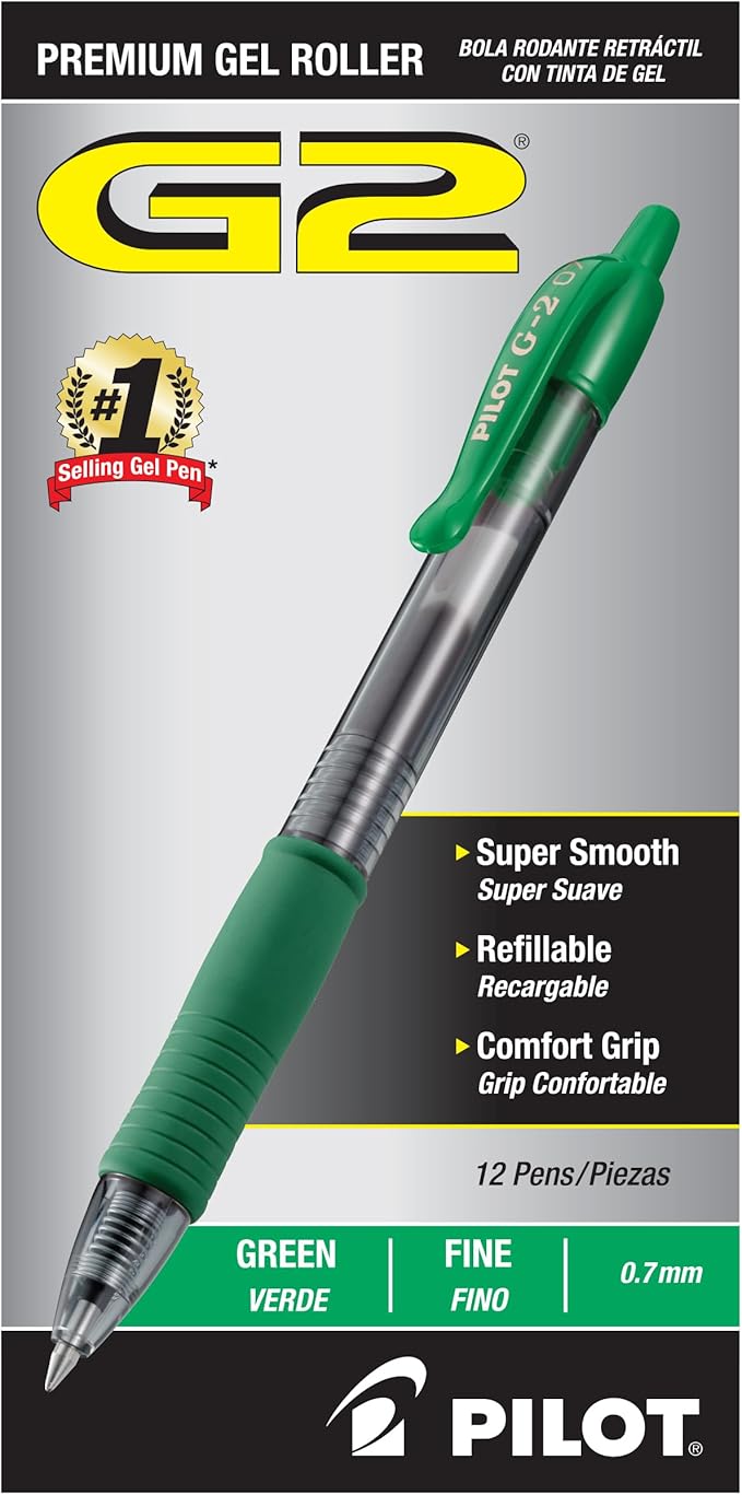 Pilot G2 Premium Gel Roller Pens, Fine Point 0.7 mm, Green Ink Pens Fine Point, Pack of 12 - Ideal for School, Journaling, and Office Writing