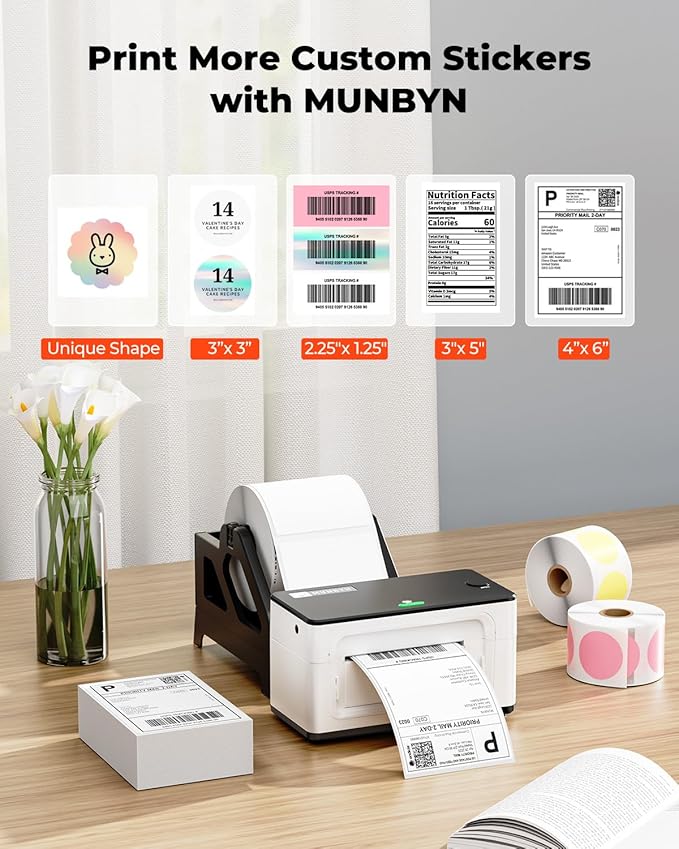 MUNBYN Bluetooth Thermal Label Printer 941B+Thermal Direct Shipping Label (Pack of 500 4x6 Fan-Fold Labels)+White Label Holder