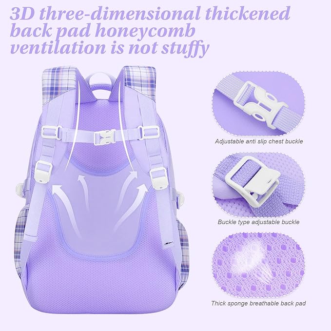 3PCS Girls Backpack Set for School - Cute Kids Bookbag with Lunch Box & Pencil Case, Stylish Backpack Combo for Girls Preschool Elementary Middle High School Students Teens Purple