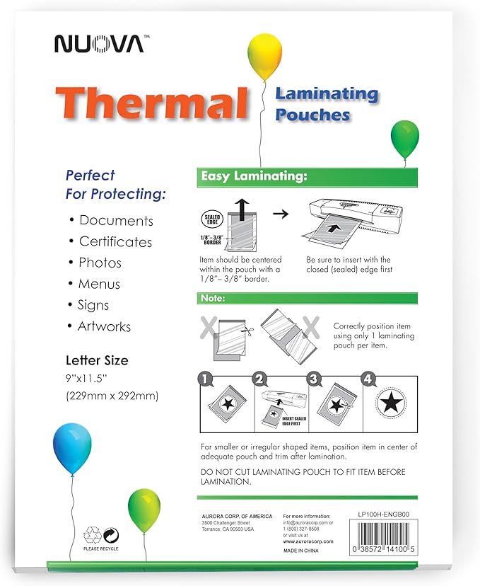 Nuova Premium Thermal Laminating Pouches 9" x 11.5", Letter Size, 3 mil, (LP100H) (Pack of 1000)