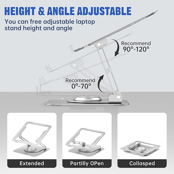 Laptop Stand for Desk, Adjustable Computer Stand with 360° Rotating Base, Ergonomic Laptop Riser for Collaborative Work, Foldable & Portable Laptop Stand, fits for All 10-16" Laptops (Sliver)