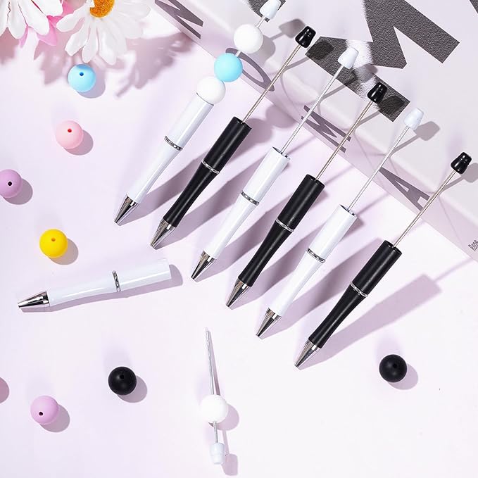 jiebor 30Pcs Beadable Pens Plastic Bead Ballpoint DIY Cute Cool Pens Black Ink for Women Men Bridal Graduation Gift Office Supplies Black White