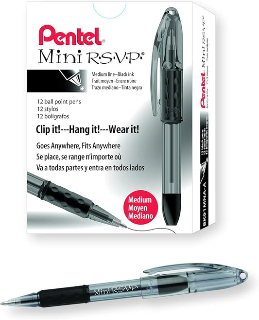 Pentel RSVP Mini Ballpoint Pen, (1.0mm) Medium Line, Black Ink, Box of 12 (BK91MNA-A)
