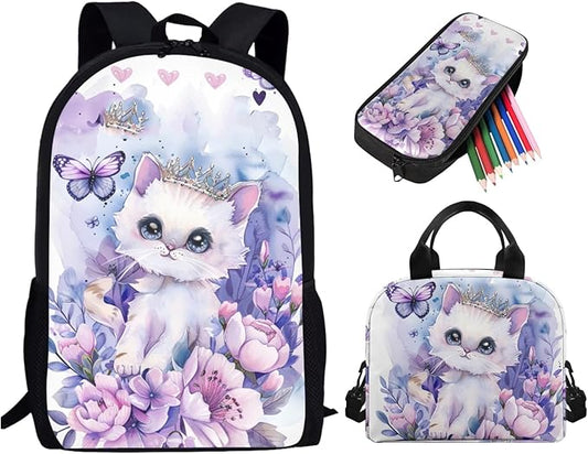 Cat Flower Kids Backpack Set for Girls, Large Lightweight Kids School Backpack Set with Lunch Bag Cute Pencil Case, Girls Bookbag Back to School Supplies, Purple and White