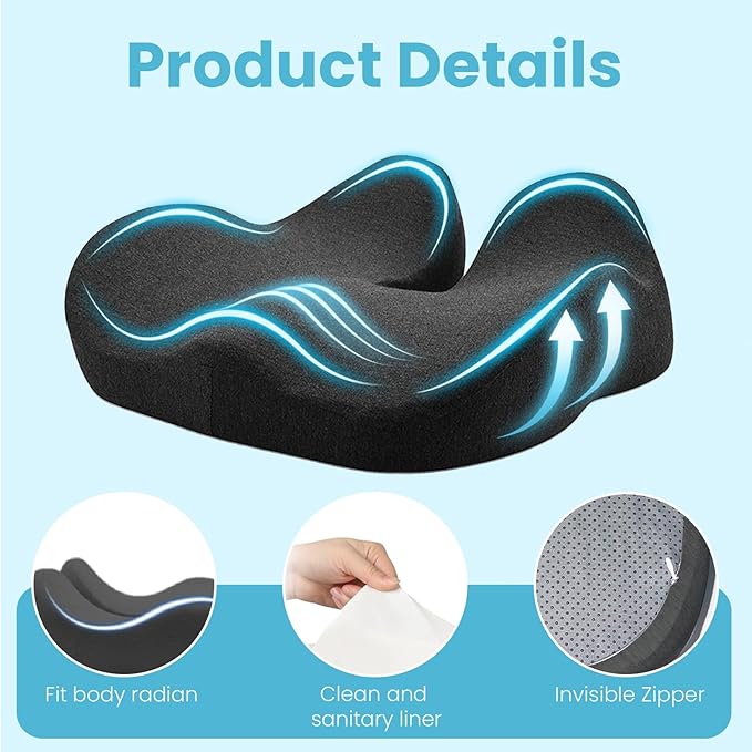 Memory Foam Seat Cushion，Ergonomic Office Chair Cushion，Coccyx Cushion for Tailbone Pain Relief Butt Pillow for Long Sitting，Suitable for Gaming Chair Car Seat Wheelchair