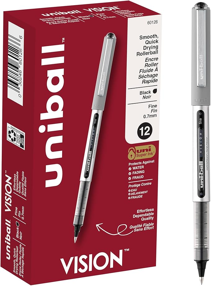 uni-ball(R Vision(TM) Rollerball Pens,0.7 mm,Fine Point,Gray Barrel,Black Ink,60126,12 Count (Pack of 12)