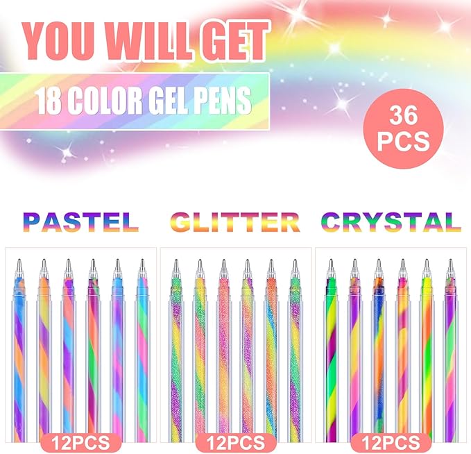 Janlaugh 36 Pcs Rainbow Gel Pens Color Changing Glitter Neon Gel Rainbow Pens for Adult Coloring Books Drawing Doodling Journaling Crafts Scrapbooks Sketching Supplies