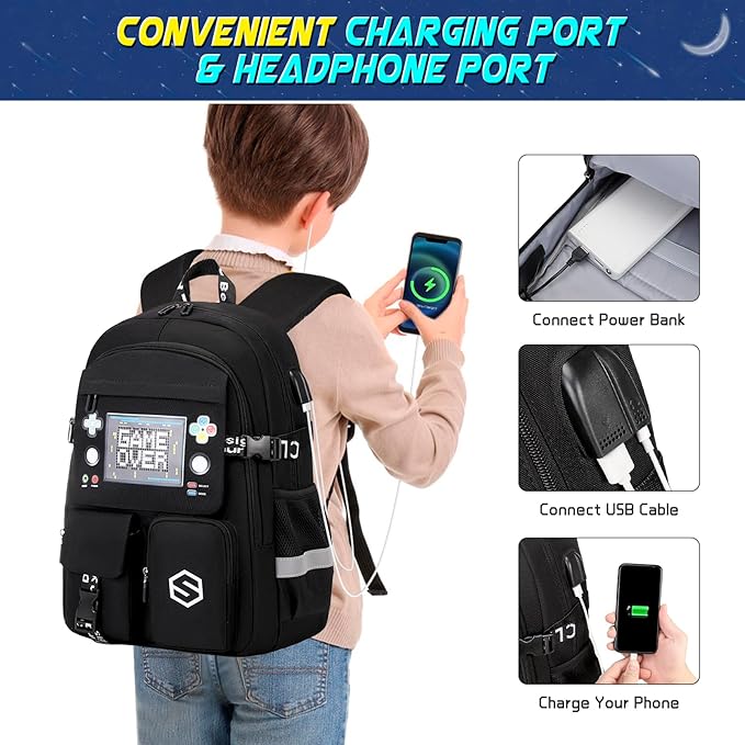 Boys Backpack, Cool Luminous Gamer School Backpacks for Boys with Kids Bento Lunch Box Lunch Bag Pencil Case, Kids Backpack Book Bags for Kindergarten Elementary Middle School
