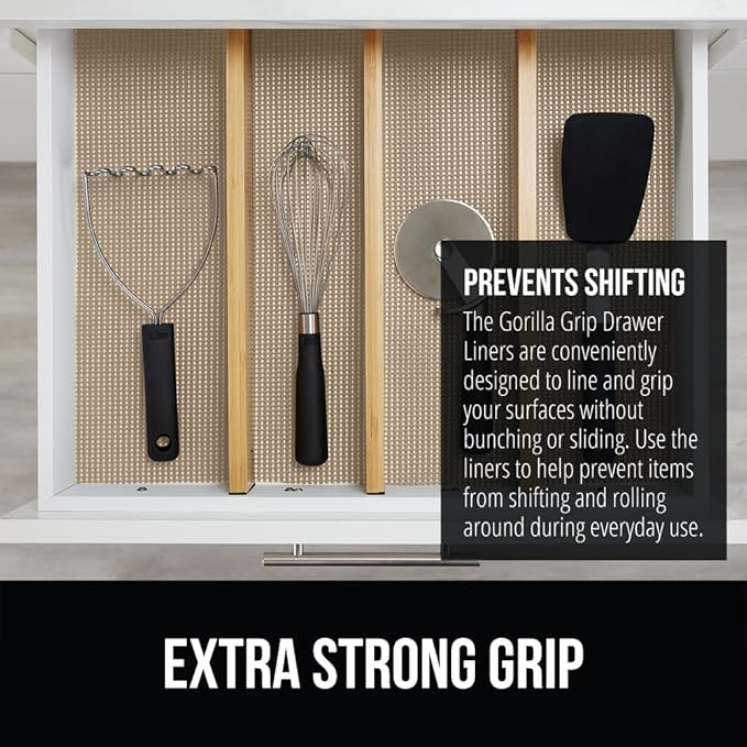 GORILLA GRIP powerGRIP Drawer Shelf and Cabinet Liner, Thick Strong Hold, Non-Adhesive Liners Protect Kitchen Cabinets and Cupboard, Bathroom Drawers, Easy Install, Breathable Mat, 17.5" x20', Beige