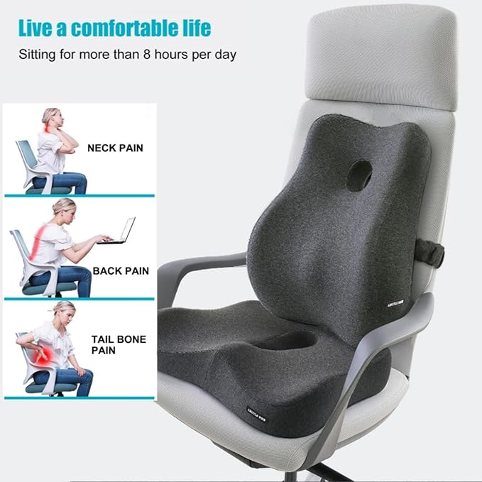 Seat Cushion and Lumbar Support Pillow Set, Sciatica Relieving Coccyx Cushion,hemorrhoid Cushion,Chair Back Support,Ergonomic Cushion&Pillow,Office Chair Cushions for Back and Butt(Dark Grey)