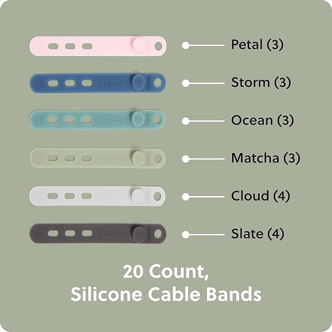 U Brands Silicone Cord Organizer Cable Clips, Set of 20 Cable Ties, Cable Management, Office Desk Accessories, Office Supplies, Assorted Colors