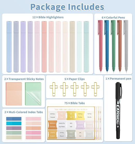 32 Pcs Bible Journaling Kit, Colored Bible Study Supplies, 12 Pastel No Bleed Highlighters and 5 Colored Pens, Transparent Sticky Notes and Bible Tabs Set and More, Book Annotation Kit for Women & Men