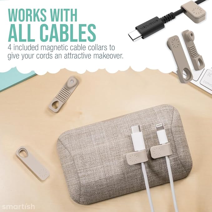 Smartish® Magnetic Cord Holder - Bigger Cable Wrangler Organizer with Magnet Clips for Charger Management on Desktop, Nightstand - Holds 6+ Cables - Lightly Toasted Beige