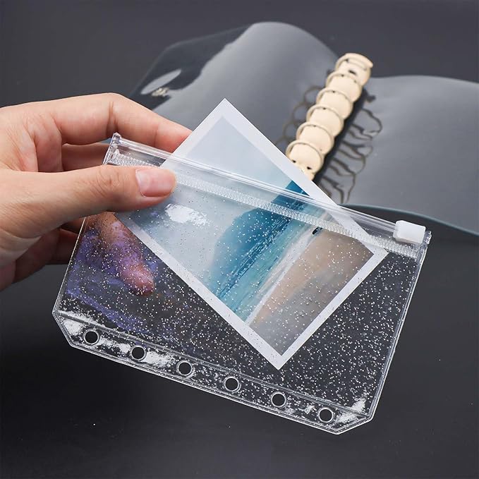 10pcs A7 Cash Stuffing Envelopes Zipper Binder Pockets Clear Glitter PVC 6 Hole Zip Sleeves Loose Leaf Pouches for 6 Ring Binder Planner (A7 3.35" x 5.12")