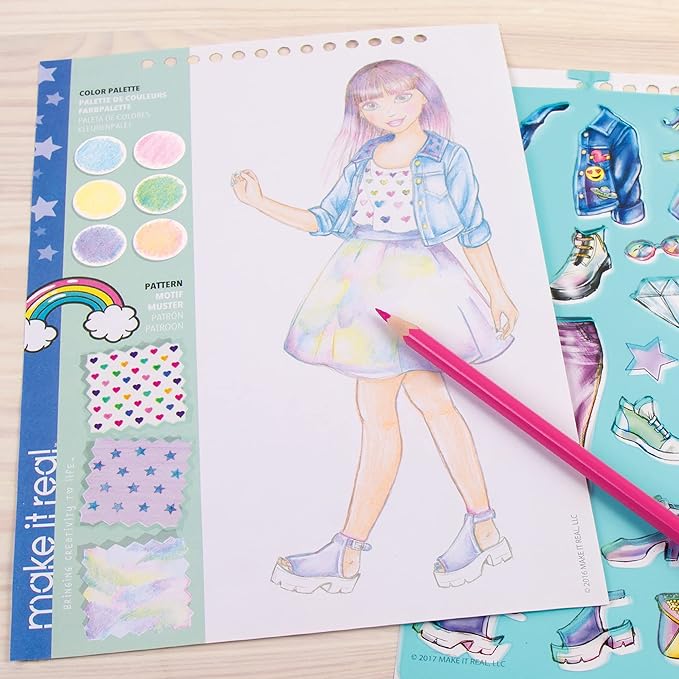 Make It Real Fashion Design Sketchbook for Girls - Digital Dream Kit with 110 Stickers, Stencils, Design Guide - Emoji & Food Inspired Fashion, Creative Gift Kids Ages 6+, Develops Real-World Skills