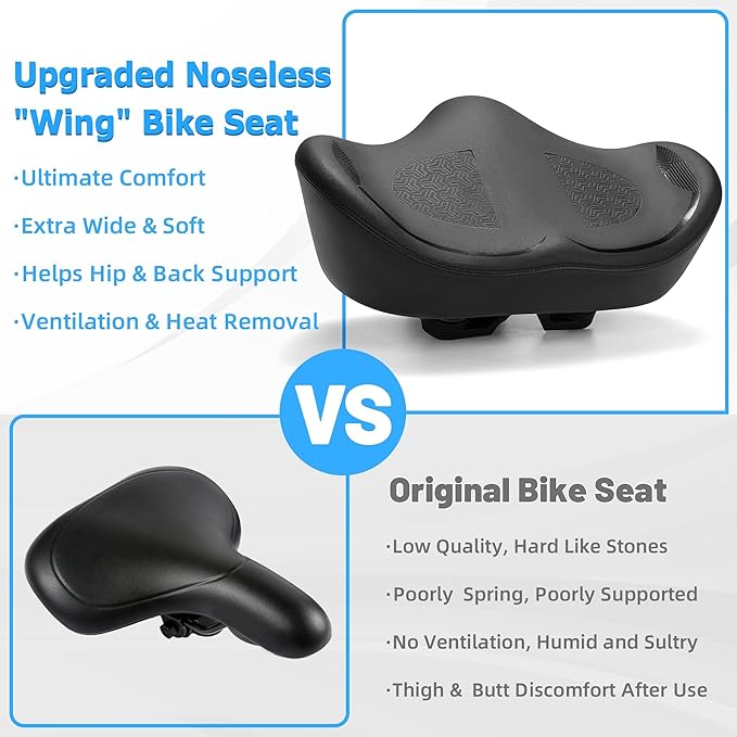 Noseless Oversized Bike Seat for Men Women Comfort, Extra Wide Padded Bicycle Seat Cushion, Large Comfortable Bike Saddle for Peloton, Stationary Exercise Bike, Beach Cruiser, City Bike, Ebike