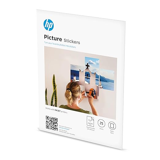 HP Picture Stickers 8.5x11in,25 sheets Self-Adhesive, Easily repositionable, Matte Photo Stickers. Print, Peel & Stick All Inkjet printers and craft cutters. (8L1U9A)
