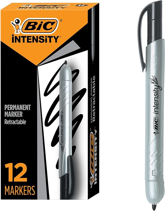 BIC Intensity Retractable Permanent Markers, Fine Bullet Tip, Black, 12-Count Pack, Permanent Markers for Teachers and Office Supplies
