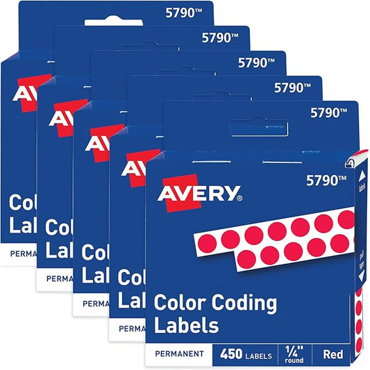 Avery Dot Stickers 1/4 Inch, 450 Red Stickers Per Pack, 5 Packs, 2,250 Total Round Labels (05790)