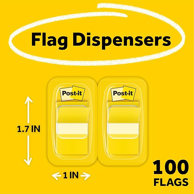 Post-it Flags, 1 in. x 1.7 in., Two Dispensers with 50-Count Yellow Sticky Tabs Per Dispenser (100 Flags Total), Removable Page Markers for Planners, Journals, and Calendars