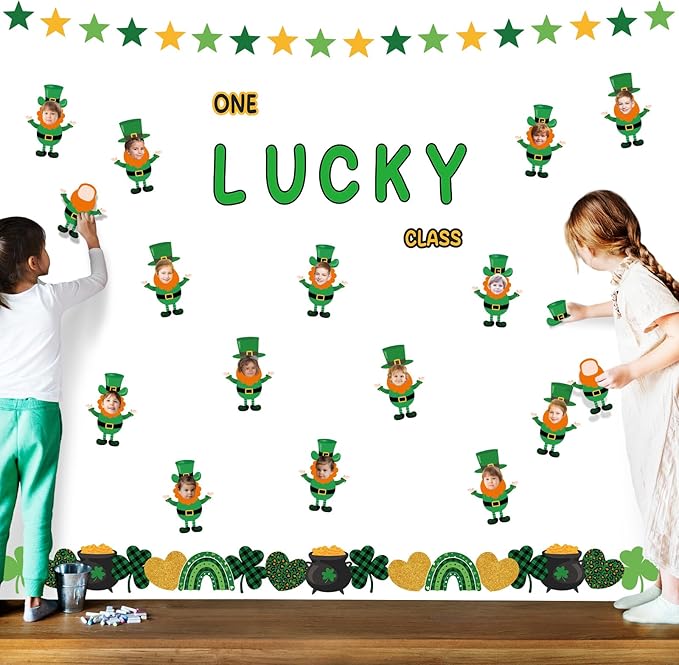 108 Pcs St. Patrick's Day Bulletin Board Sets One Lucky Class St. Patrick's Day Leprechaun Classroom Bulletin Board for Irish Holiday Party Supplies Home Classroom Chalkboard Wall Door Decor