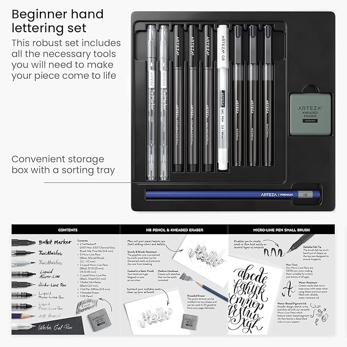 ARTEZA Hand Lettering Pens Set of 12 – Calligraphy and Brush Pens with Guidebook, Pencil, Eraser for Beginners Learning Hand Lettering and Decorative Writing
