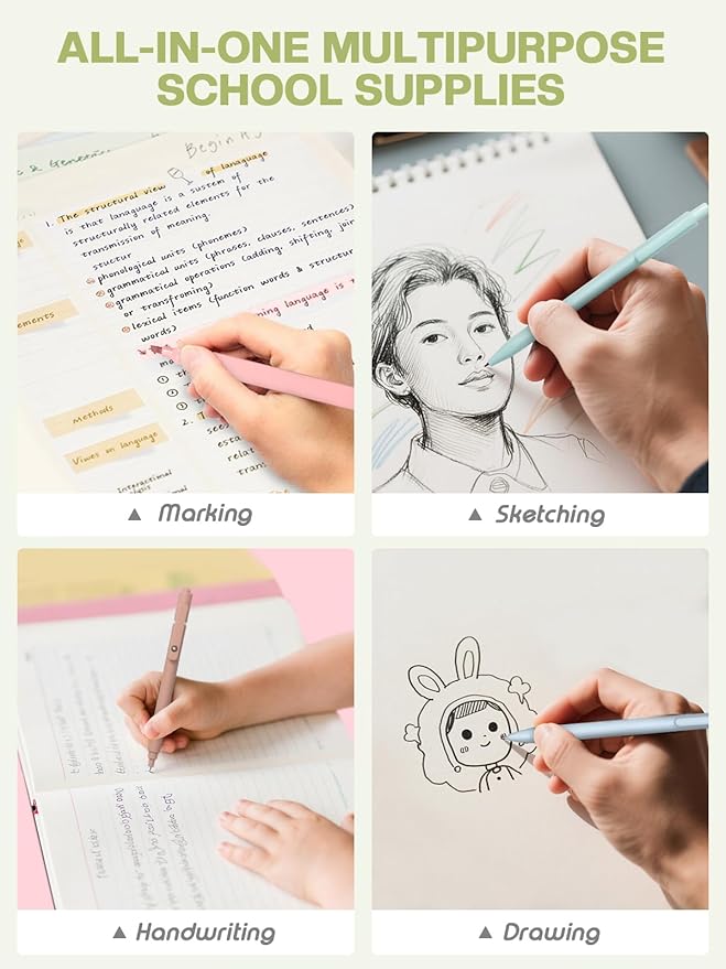 51 PCS Aesthetic School Supplies with Cute Pencil Case, 12 Pastel Highlighters, 8 Quick Dry Retractable Black Ink Pens, 6 Pastel Mechanical Pencil Student Stationary Bible Study Supplies(Beige Green)