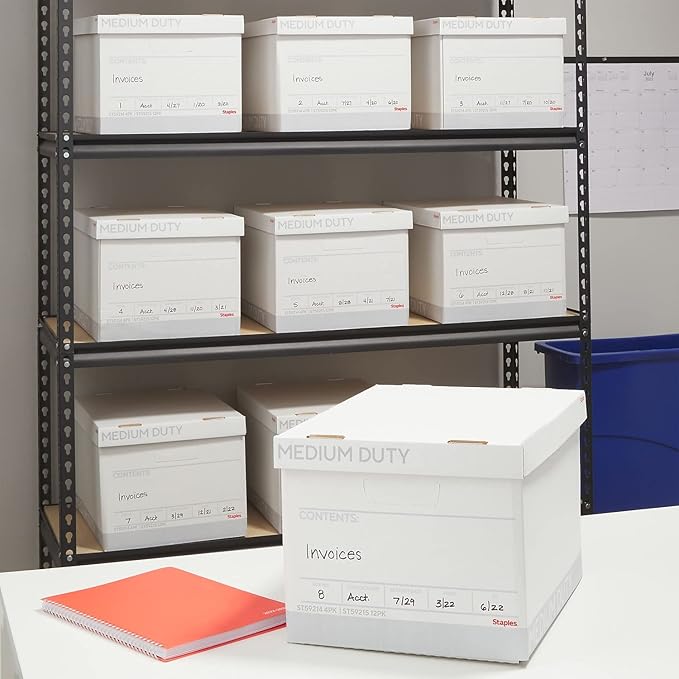 STAPLES Storage & Filing Box, Medium-Duty with Handles & Removeable Lid, Letter Size Documents, Stackable, 12-Pack, White/Gray