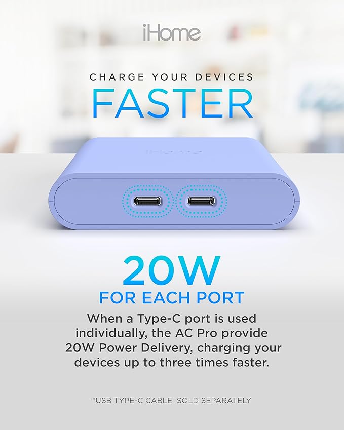 iHome Multiport 40W USB-C Charger, AC Pro 2-Port Flat Block, Dual Fast Charging Wall Adapter